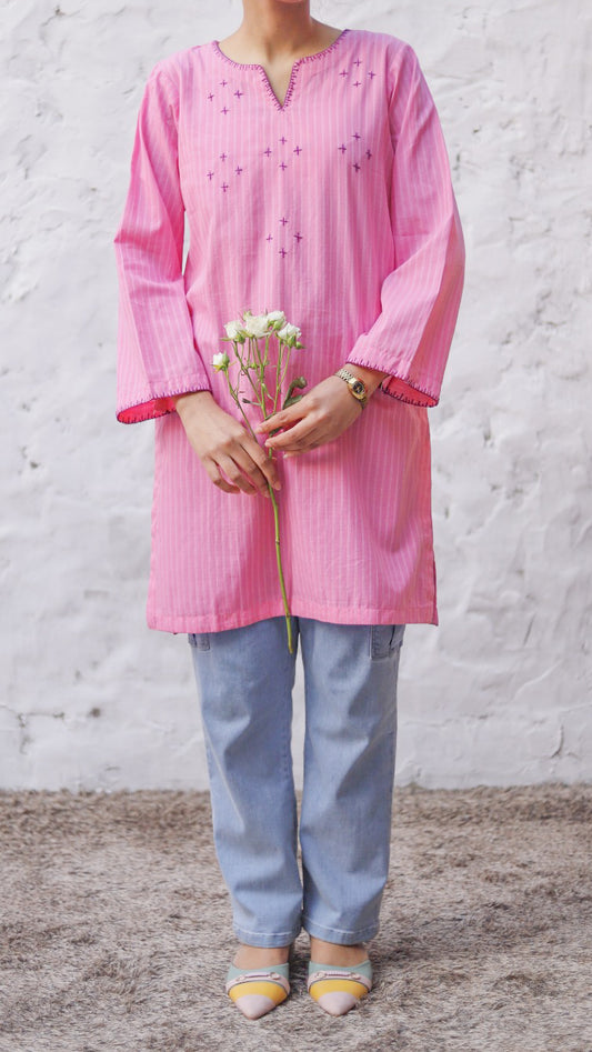 Hand Embroidered Kurta - Doriya Cotton