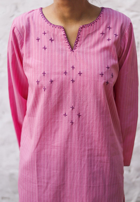 Hand Embroidered Kurta - Doriya Cotton